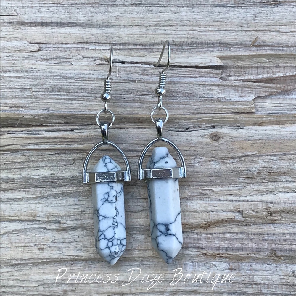 Silver White‎ Marble Stone Dangle Earrings